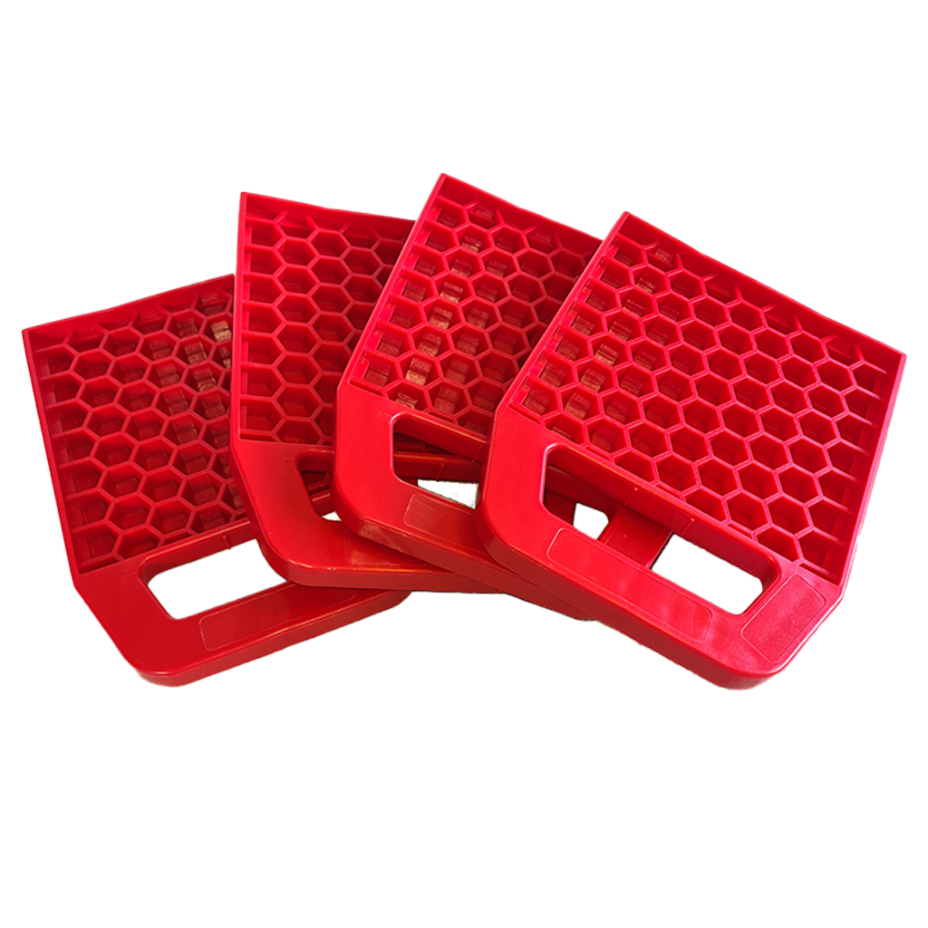 Redfoot Levelling - Four red plastic trays with handles on a white background.