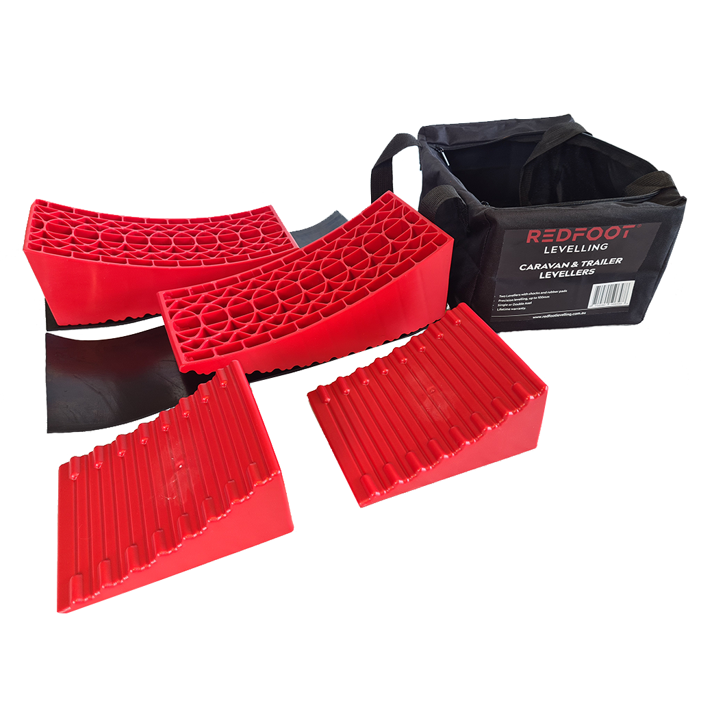 Redfoot Levelling - A set of red plastic blocks and a bag.